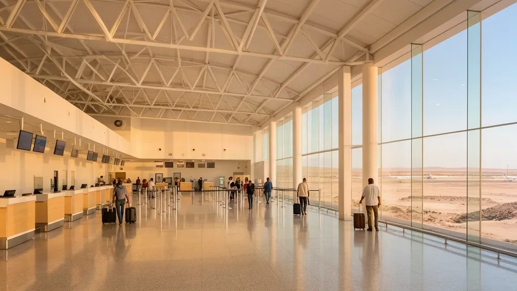 Interno moderno del terminal dell'aeroporto internazionale Capitán Renán Elías Olivera a Pisco, Perù, con viaggiatori e ampie vetrate.