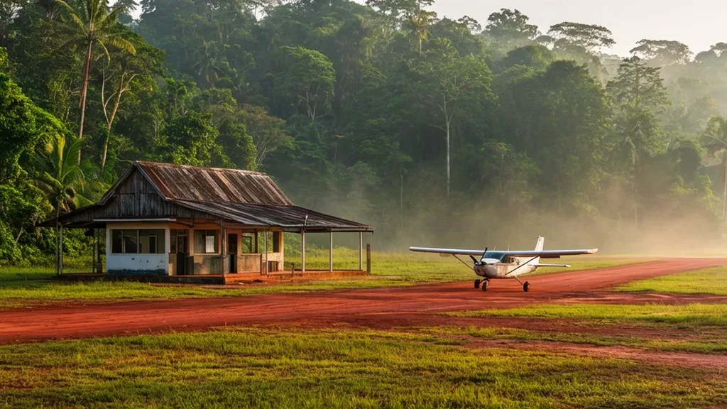 Vue extérieure de l'aéroport de Pipillipai (PIQ) au Guyana, montrant une petite piste d'atterrissage tropicale et un bâtiment terminal entourés de forêt tropicale.