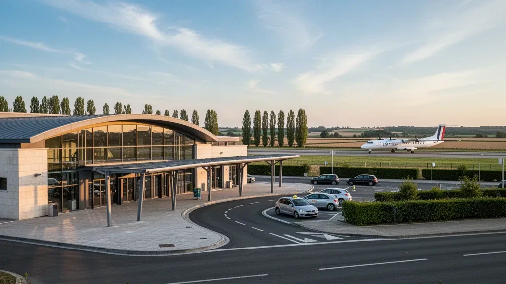 Modern glass terminal exterior and drop-off lane at Poitiers-Biard Airport under soft golden-hour light in western France