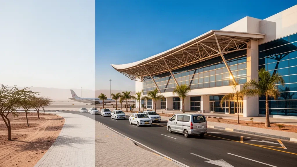 Modern glass terminal and curbside drop-off lane at Piura Airport in northern Peru under bright desert sunshine