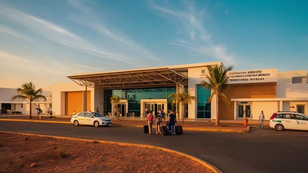 Vista exterior de la terminal del Aeropuerto Internacional Capitán Guillermo Concha Iberico en Piura, Perú, con viajeros y palmeras.