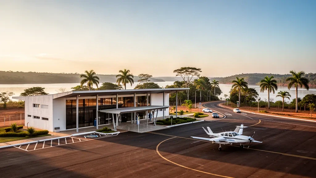 Terminal regional del aeropuerto y plataforma en Pirapora, Minas Gerais, Brasil, iluminadas por el sol de la hora dorada con el paisaje del río São Francisco al fondo