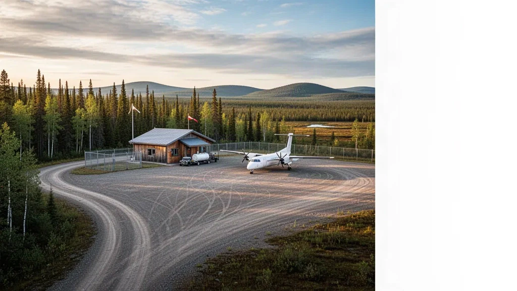 Kuzey Manitoba'daki Pikwitonei Havalimanı'nda altın saatte boreal ormanla çevrili küçük çakıl pist ve mütevazı terminal binası