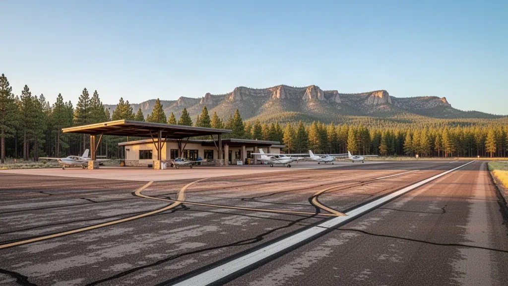 Small general aviation terminal and ramp at Payson Airport in Arizona's pine-covered Mogollon Rim country at golden hour