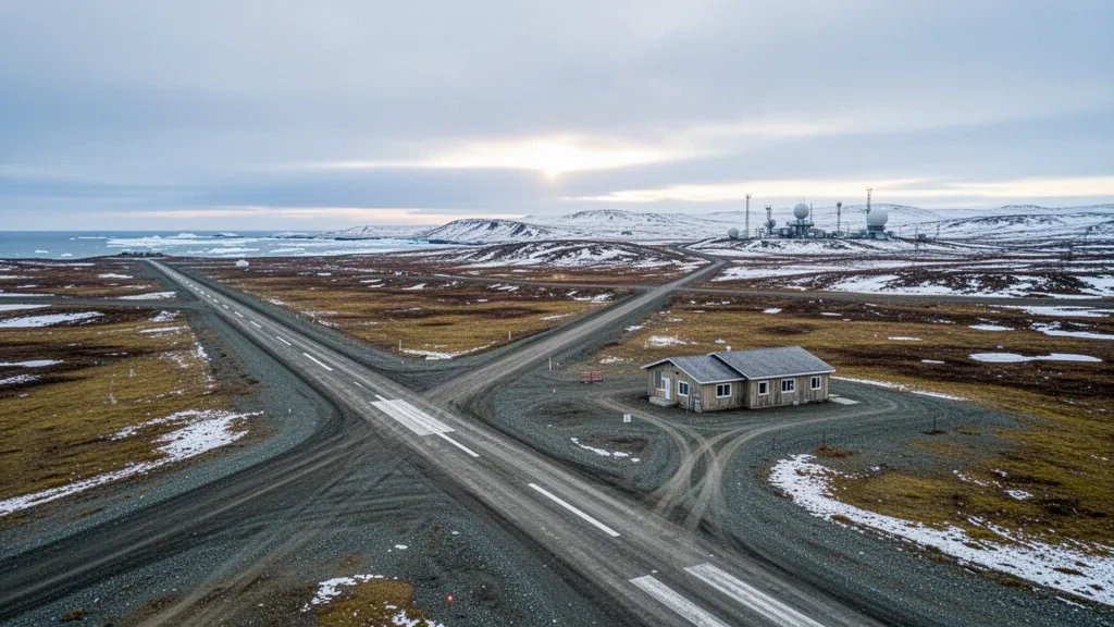 Alaska'daki Point Lay LRRS Havaalanı'nda bulutlu kıyı ışığı altında uzak çakıl pisti ve Arktik tundrası