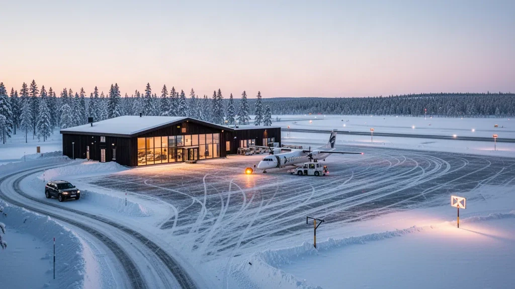 Piazzale coperto di neve e moderno terminal in legno e vetro all'Aeroporto di Pajala nella Lapponia svedese sotto la luce dorida dell'Artico