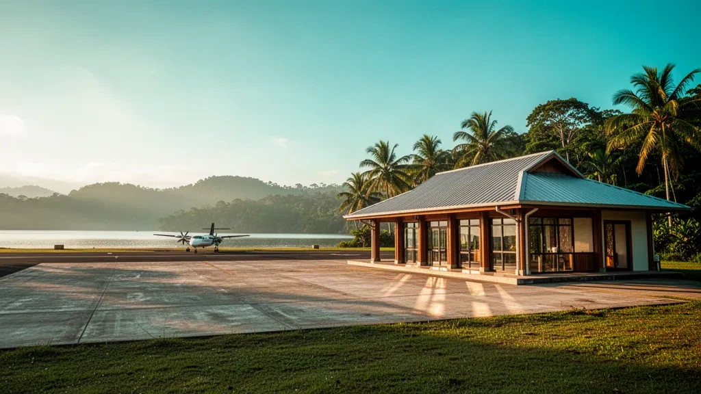 Tropical terminal and runway at Puerto Jimenez Airport on Costa Rica's Osa Peninsula, bordered by rainforest at golden hour
