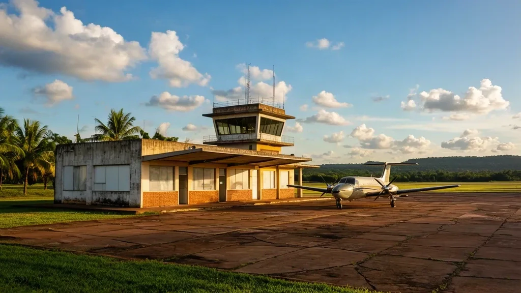 Paraguay'ın Pedro Juan Caballero kentindeki Dr. Augusto Roberto Fuster Ulusal Havalimanı'nın terminal binası, sıcak öğleden sonra ışığında