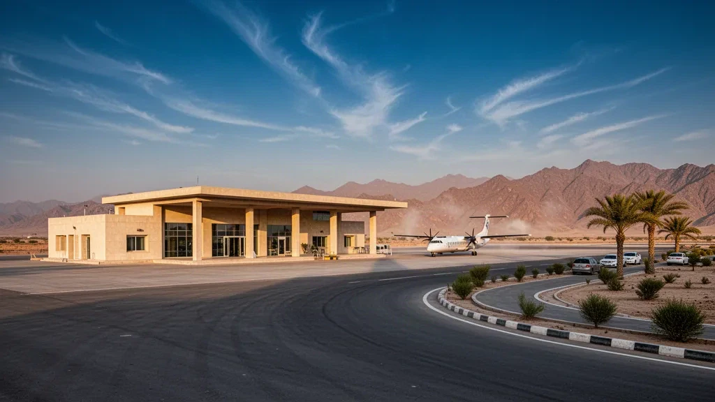 Terminal de aeropuerto desértico de baja altura en Balochistán con un avión turbohélice en la plataforma bañada por el sol y montañas áridas al fondo, evocando el aeropuerto de Panjgur.