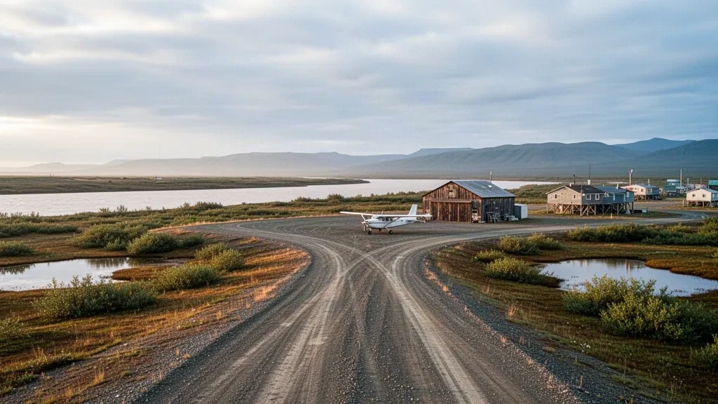Pista in ghiaia dell'Aeroporto di Napaskiak e paesaggio di tundra aperta accanto al fiume Kuskokwim nel remoto sud-ovest dell'Alaska
