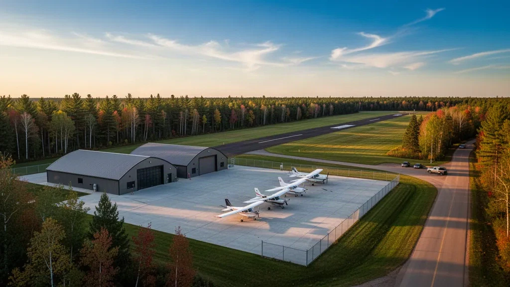 Petits avions et hangars sur le tarmac de l'aéroport municipal de Park Rapids Konshok Field dans le Minnesota à l'heure dorée
