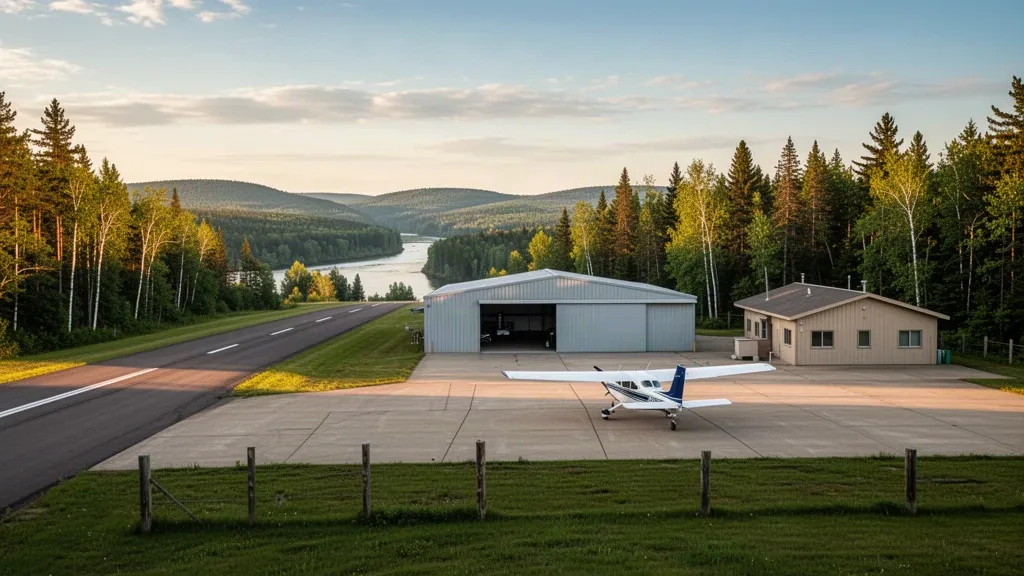 Pequeño aeródromo de aviación general con una plataforma tranquila, hangares y una pista rodeada de bosque en el Aeropuerto Municipal de Park Falls, Wisconsin