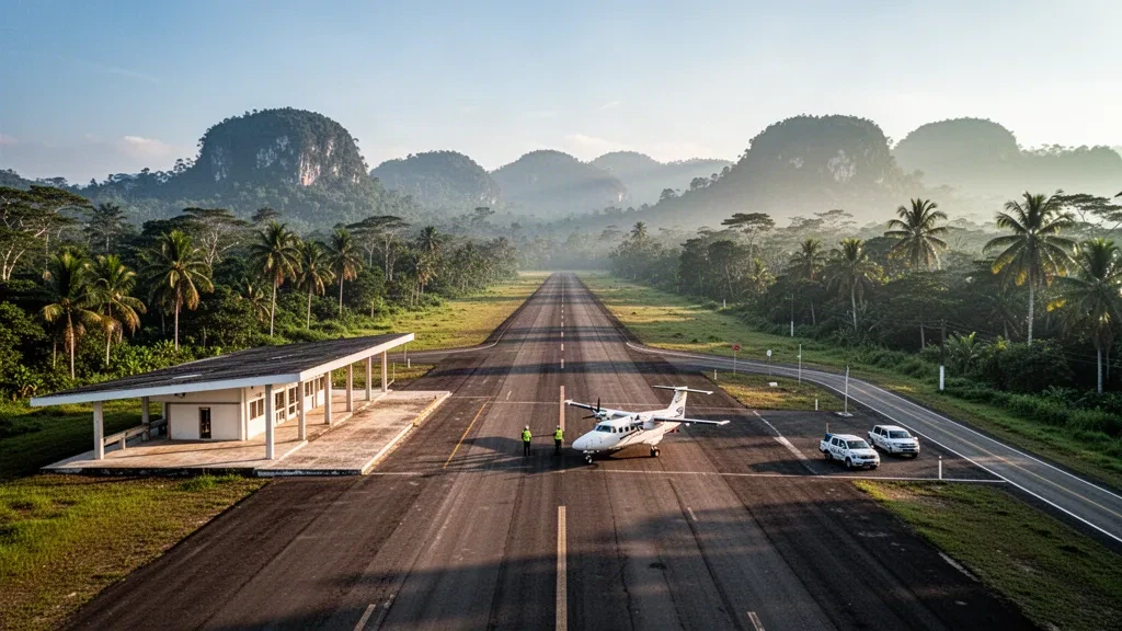Piccola pista tropicale all'aeroporto di Playa Grande in Guatemala con una sola pista, un modesto edificio terminal e un aereo leggero sul piazzale