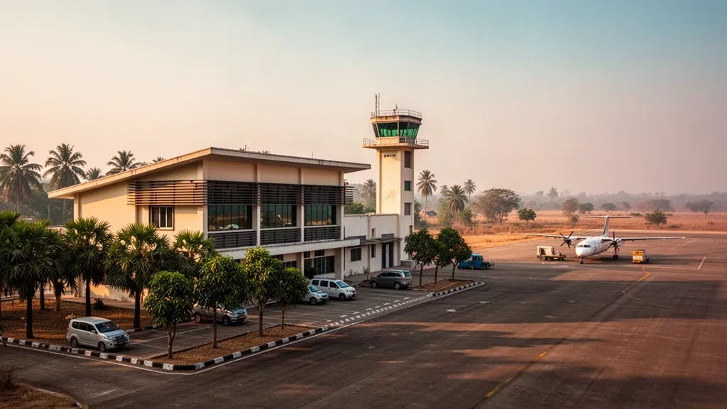 Extérieur du terminal de faible hauteur de l'aéroport de Pakhokku, dans la région de Magway, au Myanmar, illuminé à l'heure dorée avec un petit avion à turbopropulseur sur le tarmac