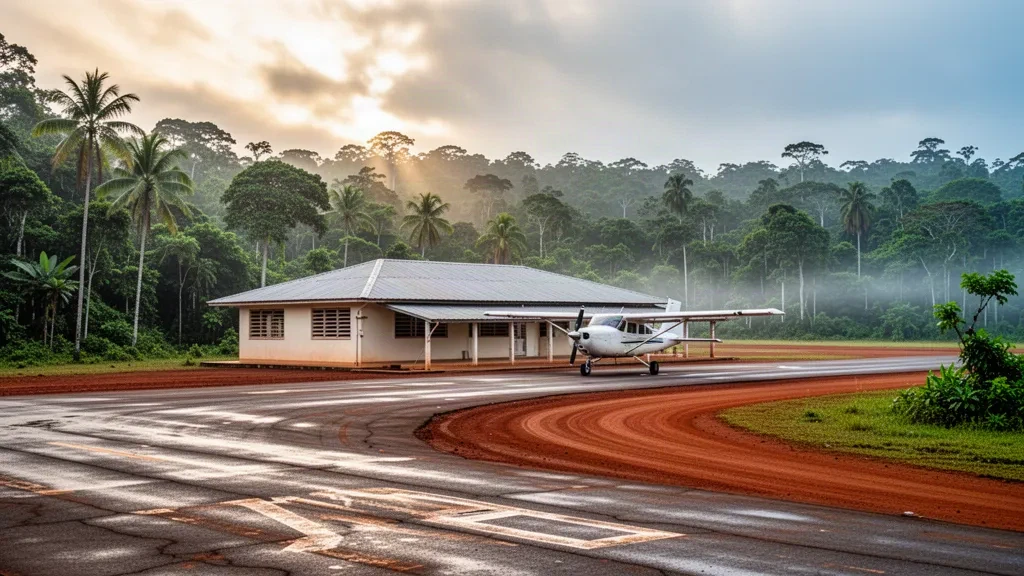 Avion léger sur l'aire de trafic à côté d'un bâtiment bas de l'aéroport de Port Kaituma en Guyane, entouré d'une forêt tropicale dense