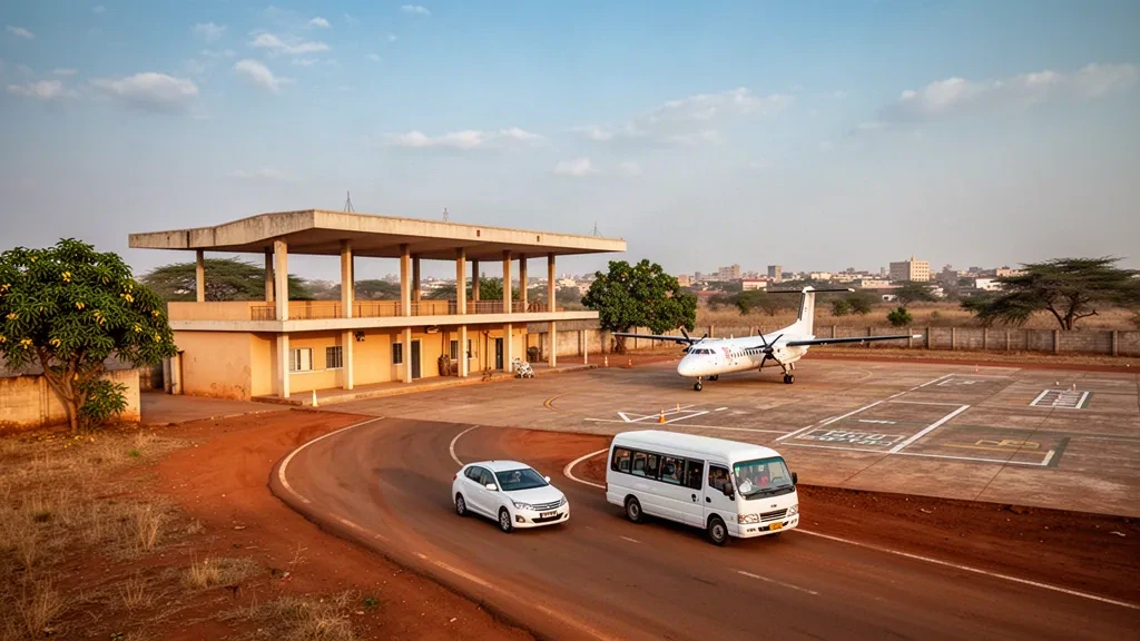 Parakou Airport terminal exterior and sunlit apron in Benin, West Africa, captured at golden hour with warm natural light