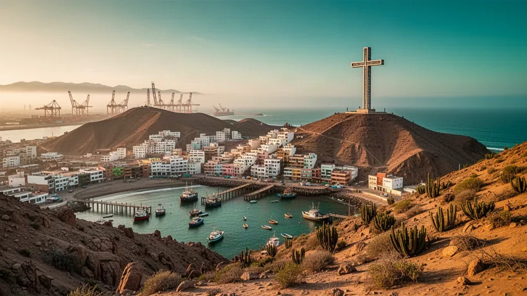 Blick zur goldenen Stunde über die Bucht von Coquimbo in Chile, mit Fischerbooten im Hafen und der Cruz del Tercer Milenio auf dem Cerro El Vigía.