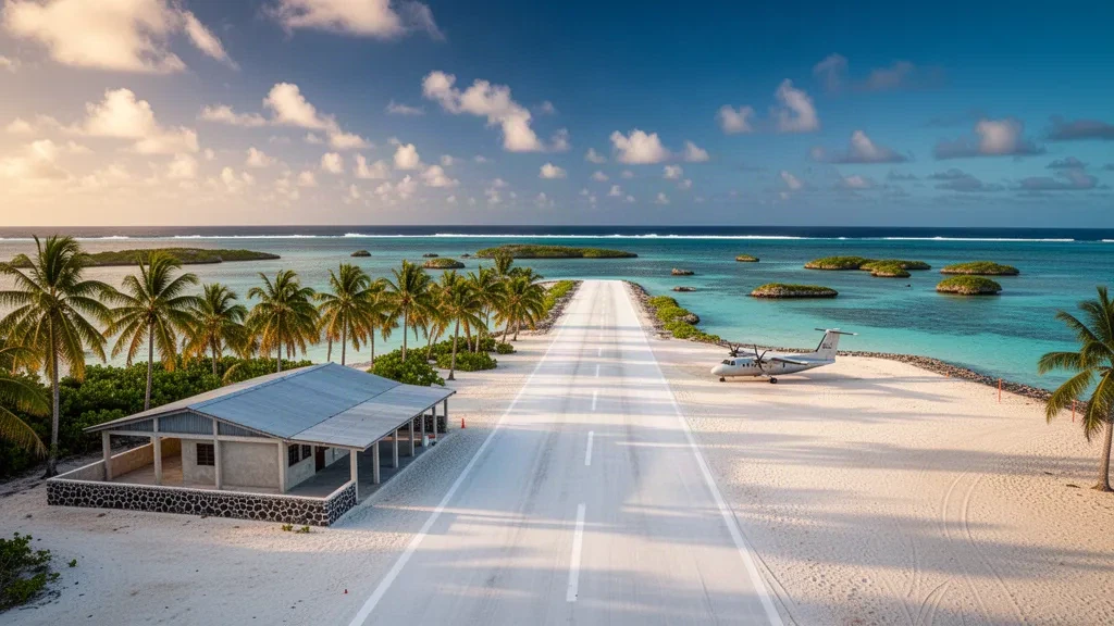 Piste en corail isolée bordée de palmiers et lagon turquoise à l'aéroport de Puka Puka dans les îles Tuamotu en Polynésie française