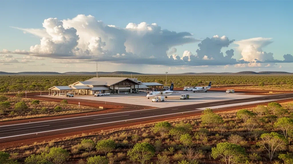 Small regional airport terminal and runway at Port Keats Airport in Wadeye, Northern Territory, Australia.