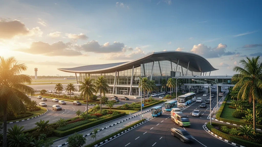 Extérieur moderne du terminal et voies de dépose à l'aéroport international Sultan Syarif Kasim II à Pekanbaru, en Indonésie.