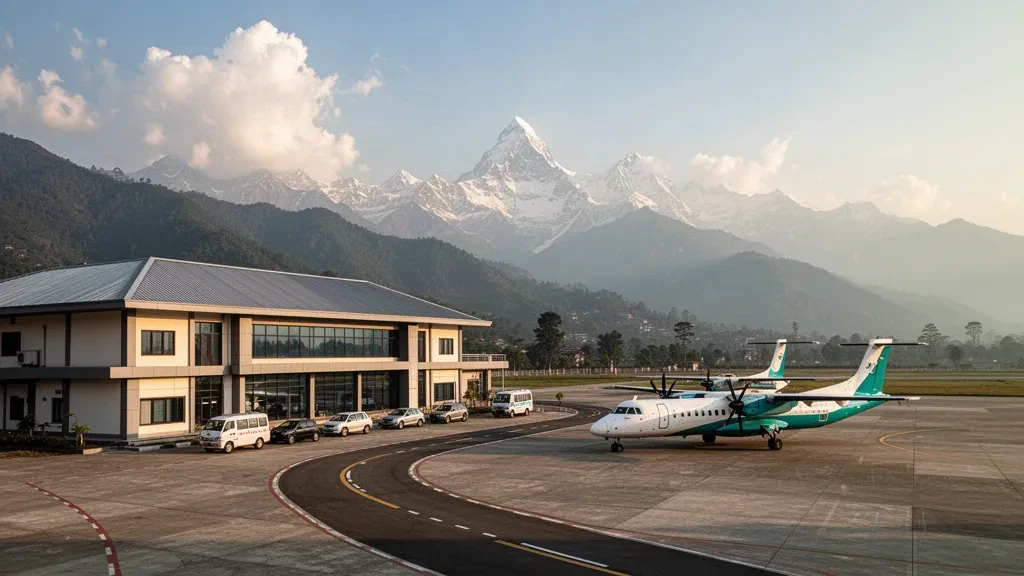 Nepal'de karla kaplı Annapurna Himalaya sıradağlarıyla çevrili, turboprop uçakların bulunduğu Pokhara Yurt İçi Havalimanı terminali ve apronu.