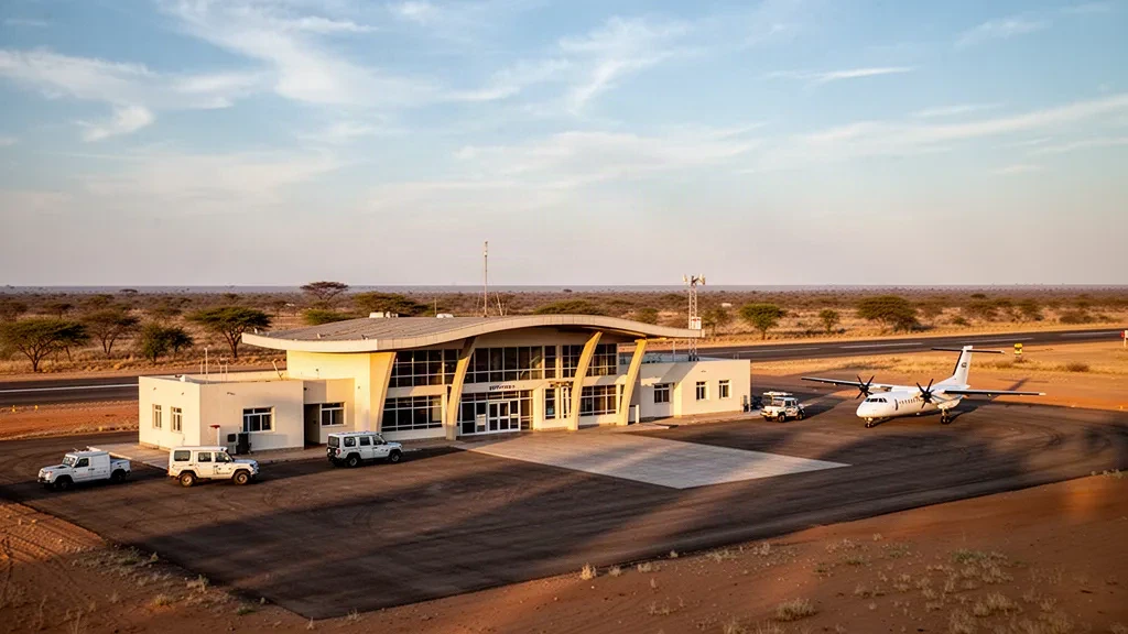 Kleines regionales Flughafenterminal und Vorfeld in Selebi-Phikwe, Botswana, im Licht der goldenen Stunde mit trockenem Buschveld dahinter