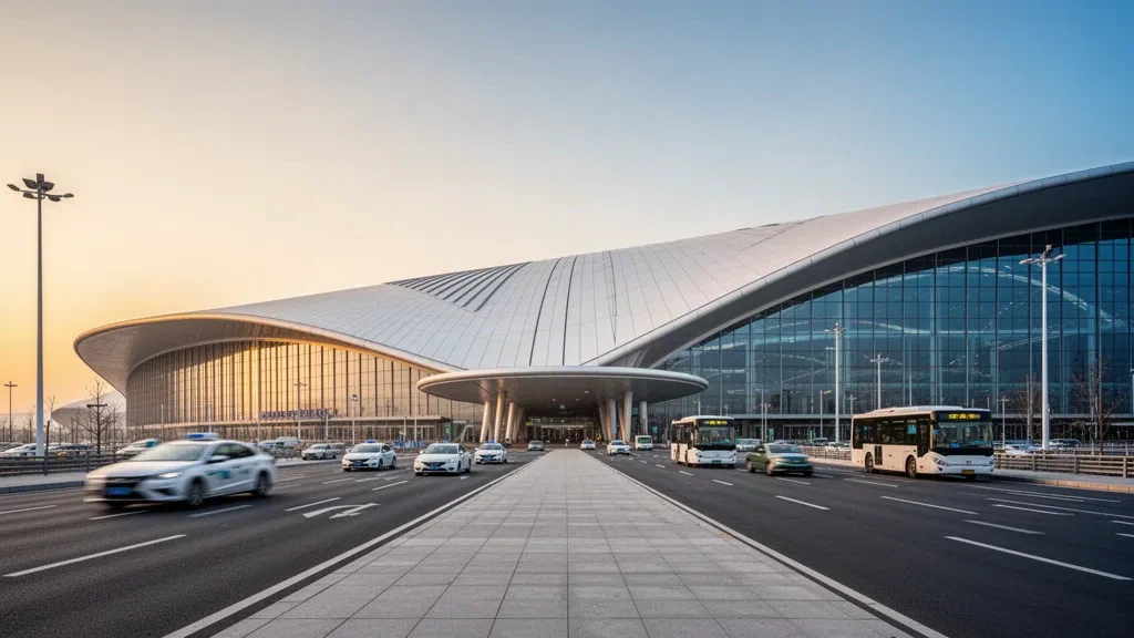 Fließendes weißes Dach und Glasfassade des Terminals des internationalen Flughafens Peking Daxing im warmen Licht der goldenen Stunde über den Vorfahrspuren