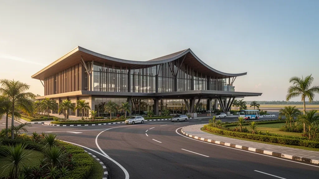 Palangka Raya, Orta Kalimantan'daki Tjilik Riwut Havalimanı'nın altın saatlerde erişim yolu ve palmiye ağaçlarıyla çevrili bahçeleriyle modern tropikal terminal binasının dış görünümü