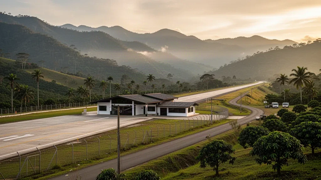 Petit terminal d'aéroport régional et piste à Planadas, Tolima, Colombie, encadrés par les montagnes vertes des Andes dans la lumière de fin d'après-midi.
