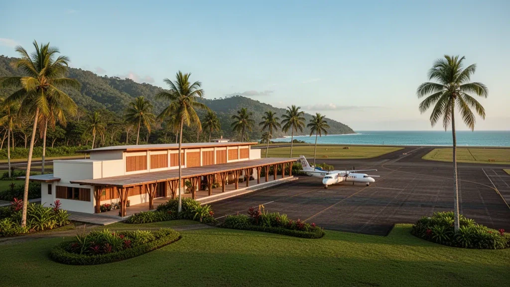 Tropical Playa Samara and Carrillo Airport terminal in Costa Rica at golden hour, with palm trees and a small aircraft on the apron