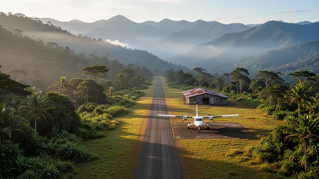 Abgelegene Hochlandpiste am Flughafen Paiela in Papua-Neuguinea, eingerahmt von grünen Bergketten mit einem kleinen Nutzflugzeug auf der Start- und Landebahn.