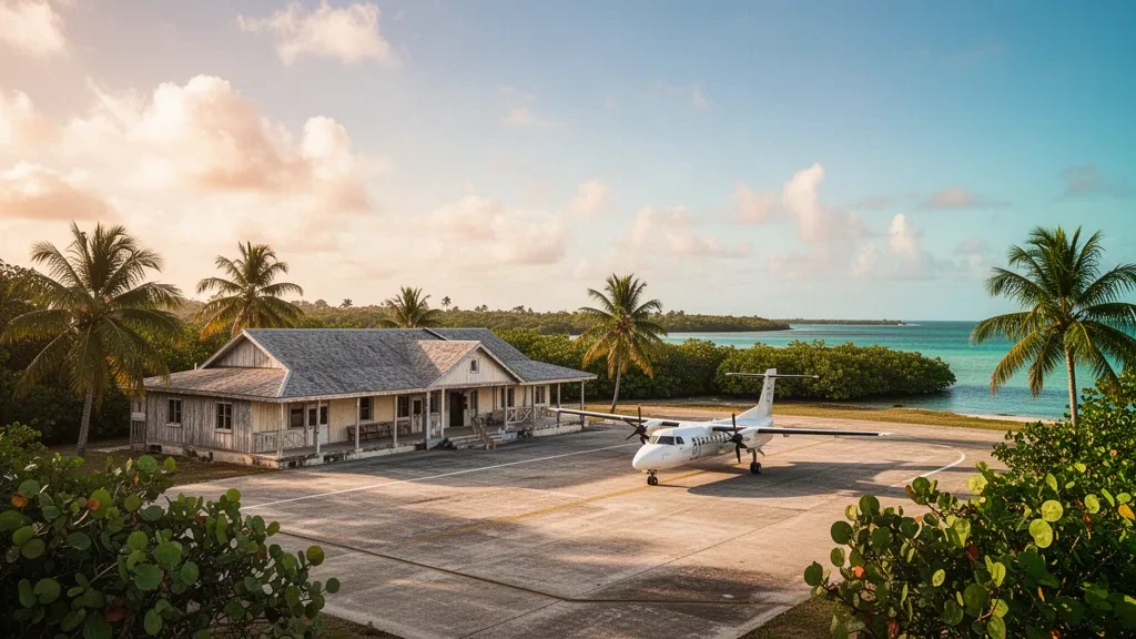 Piccolo terminal tropicale e piazzale dell'Aeroporto di Placencia in Belize, incorniciati da palme nella calda luce del tardo pomeriggio