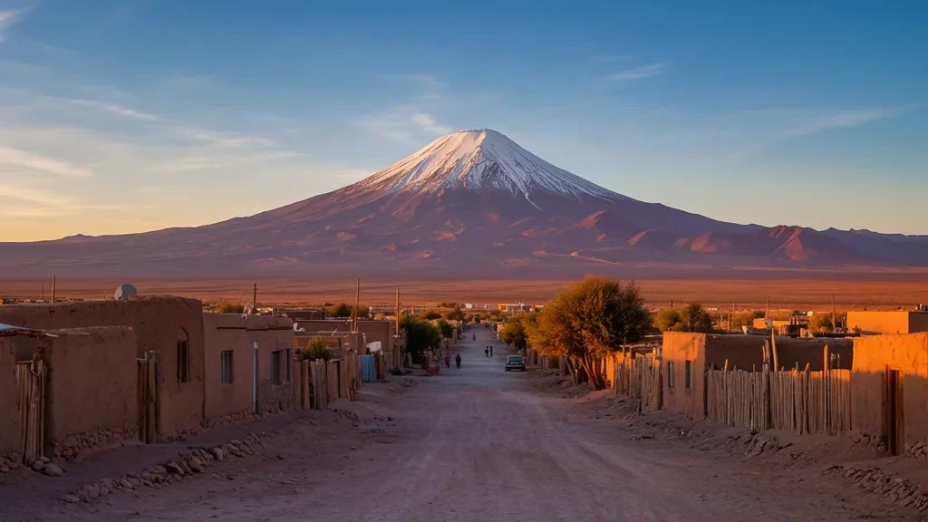 Golden-hour view of an adobe street in San Pedro de Atacama with the Licancabur volcano rising over the desert horizon