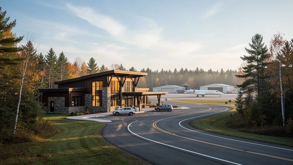 Eingang des modernen Terminals und Vorfahrtspur am Pellston Regional Airport in Northern Michigan, umrahmt von Kiefernwald zur goldenen Stunde.