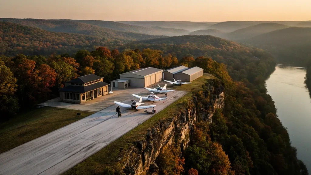 Piccolo aereo per l'aviazione generale sulla pista in cima alla scogliera dell'aeroporto M. Graham Clark Downtown a Branson, Missouri