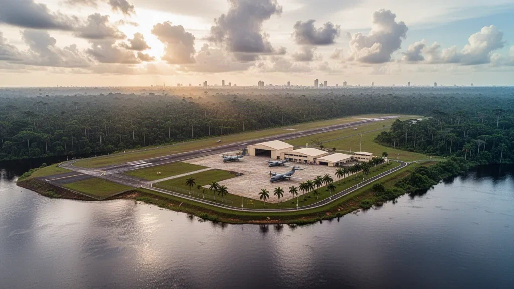 Luftaufnahme der Start- und Landebahn sowie der Gebäude in Ponta Pelada, dem Luftwaffenstützpunkt Manaus in Brasilien, umgeben vom Amazonas-Regenwald und dem Rio Negro.