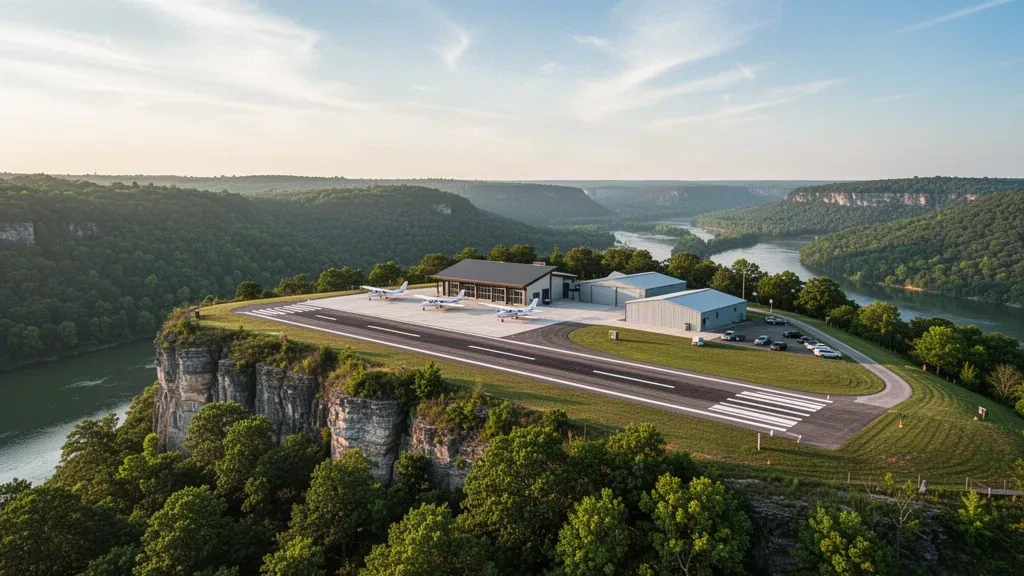 Branson, Missouri yakınlarındaki M. Graham Clark Downtown Airport'ın tepeden manzaralı görünümü; ormanlık Ozark vadisi üzerinde park etmiş hafif uçaklar