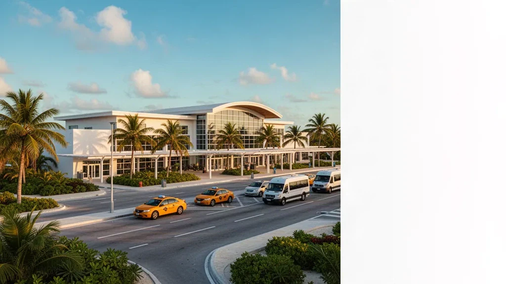 Esterno moderno del terminal dell'aeroporto internazionale di Providenciales, Turks e Caicos, sotto la calda luce caraibica.