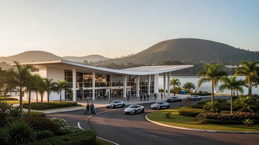 Modernistisches Terminal und Bringbereich des Flughafens Pampulha in Belo Horizonte zur goldenen Stunde nahe der Lagune