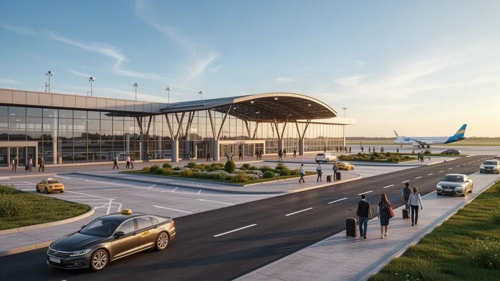 Esterno moderno in vetro del terminal dell'aeroporto di Suprunovka a Poltava, Ucraina, con corsie per la sosta breve e luce dorata del tramonto.