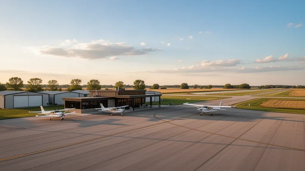 Kleines Terminal für die allgemeine Luftfahrt und Hangars am Plymouth Municipal Airport in Indiana an einem klaren Tag.