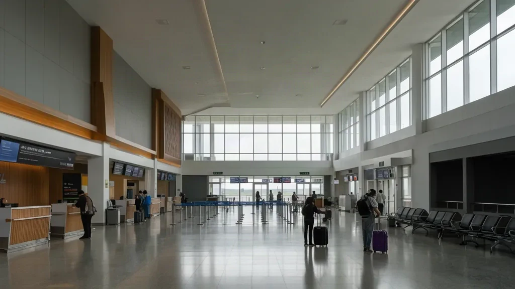 Modern interior of Mutiara SIS Al-Jufrie Airport terminal in Palu, Central Sulawesi, with spacious departure hall and natural daylight.