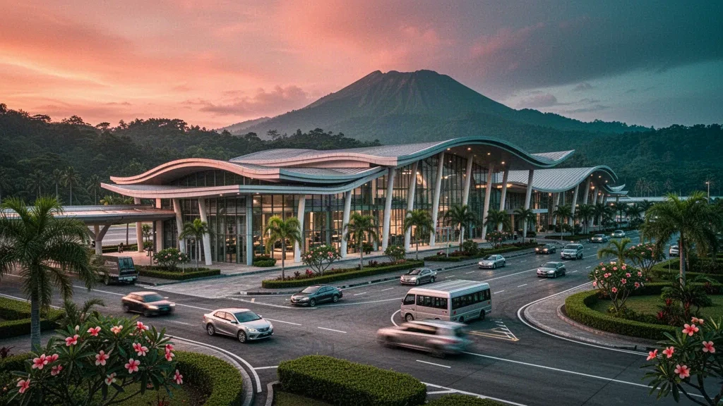 Esterno moderno e tropicale del terminal dell'Aeroporto Mutiara SIS Al-Jufrie a Palu, Indonesia, con strade di accesso alberate di palme e montagne durante l'ora d'oro