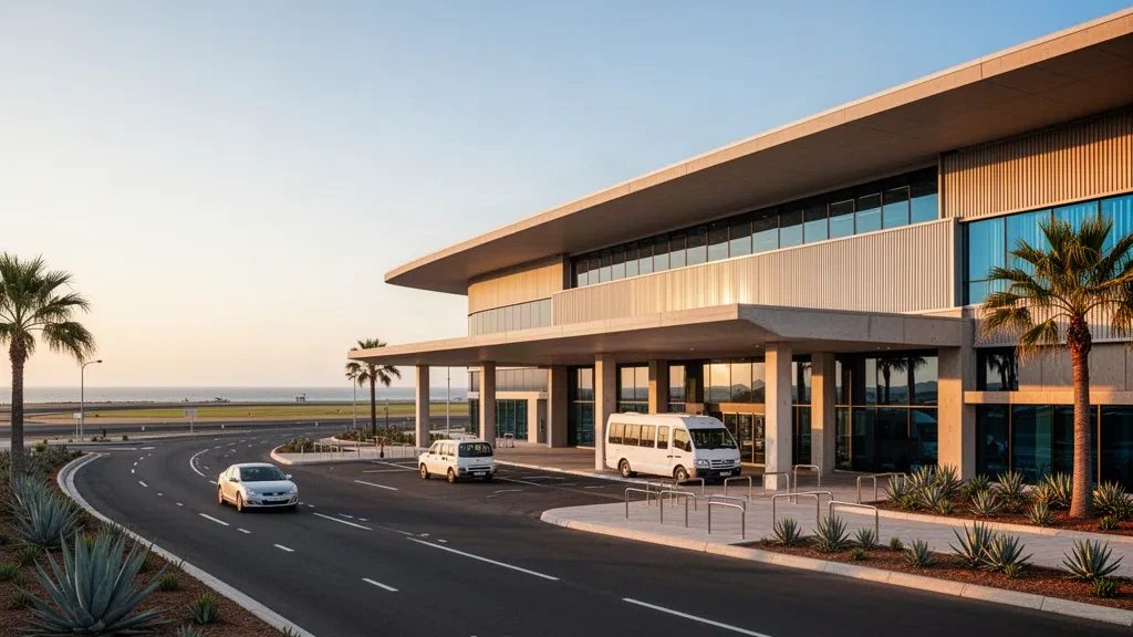 Extérieur moderne d'un terminal vitré et dépose-minute en bordure de trottoir à l'aéroport international Chief Dawid Stuurman à Gqeberha à l'heure dorée