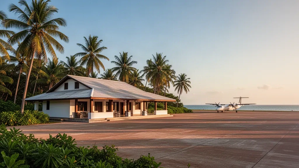 Piccolo terminal tropicale, palme e piazzale all'Aeroporto di Pemba sull'isola di Pemba, Tanzania, nella calda luce costiera del tardo pomeriggio