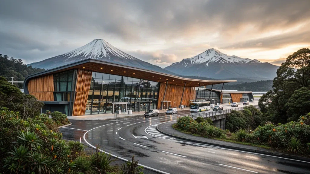 Modern glass and timber terminal exterior at El Tepual International Airport near Puerto Montt, framed by greenery and distant volcano views