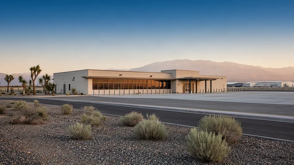 Eingeschossiges Terminal des Palmdale Regional Airport in der Wüste des Antelope Valley, umrahmt von Bergen unter klarem kalifornischem Himmel.