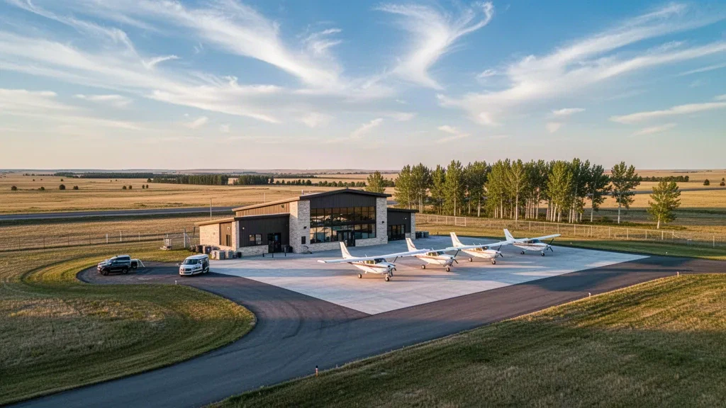 Pequeña terminal de aviación general y aeronaves ligeras estacionadas en el Aeropuerto Municipal de Pembina en la pradera de Dakota del Norte durante la hora dorada