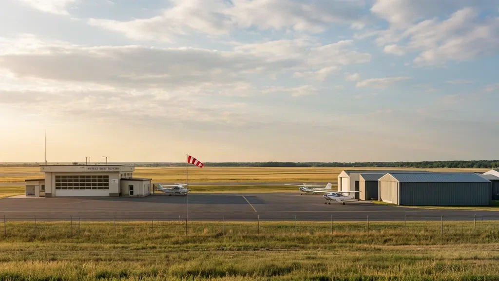Piccolo piazzale aeroportuale, hangar e aerei leggeri parcheggiati al Pembina Municipal Airport sotto un ampio cielo di prateria nel North Dakota