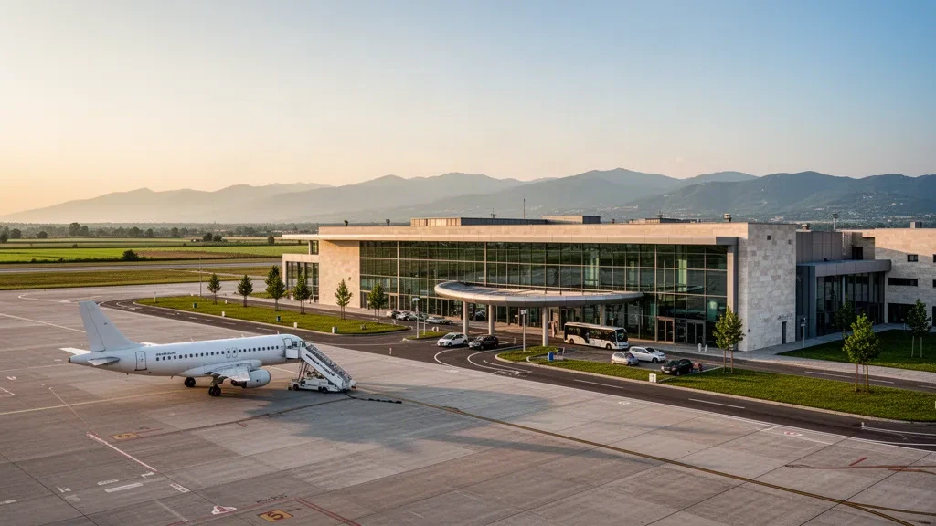 Terminal de vidrio de baja altura, plataforma y calle de rodaje en el aeropuerto de Parma, en Emilia-Romaña, Italia, con luz cálida de final de la tarde